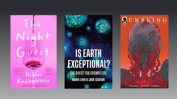 Book covers for The Night Guest, Is Earth Exceptional? The Quest for Cosmic Life, and Into the Unbeing
