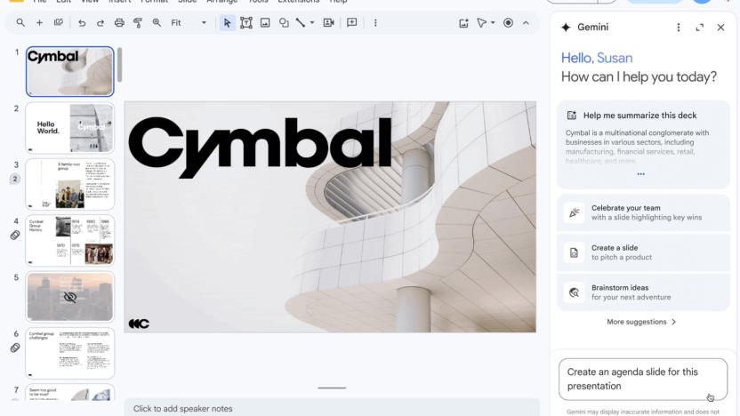 A screenshot of Google Slides showing a side panel with options on what the Gemini AI assistant can do.