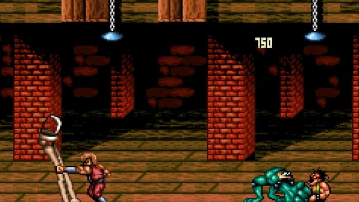 Billy Lee and Zitz punch enemies in the face (or whatever) in Battletoads Double Dragon for the SNES.